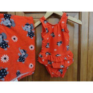 Just One You Orange Polka Dot Elephant Swimsuit and Towel - Girls Size 12 Months
